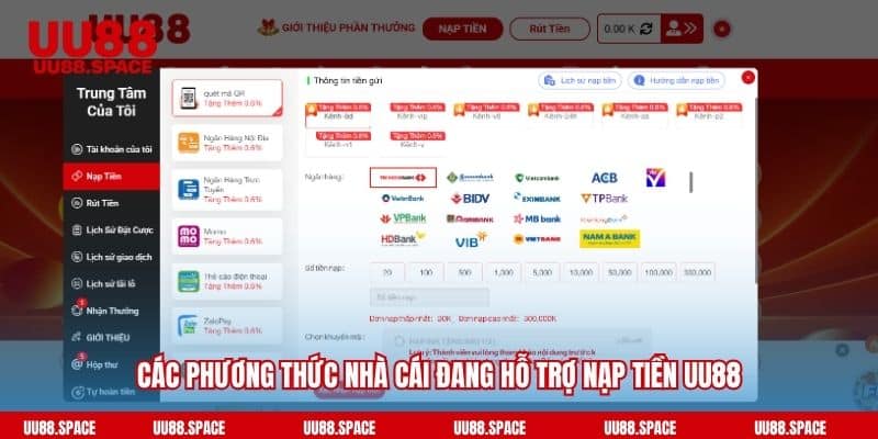 Các phương thức nhà cái đang hỗ trợ nạp tiền UU88